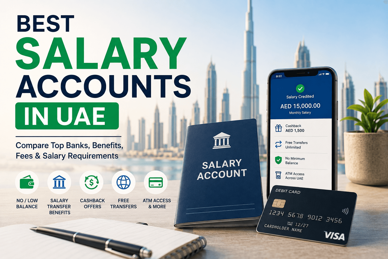 Best salary accounts in UAE comparison for salary transfer benefits, fees and minimum balance